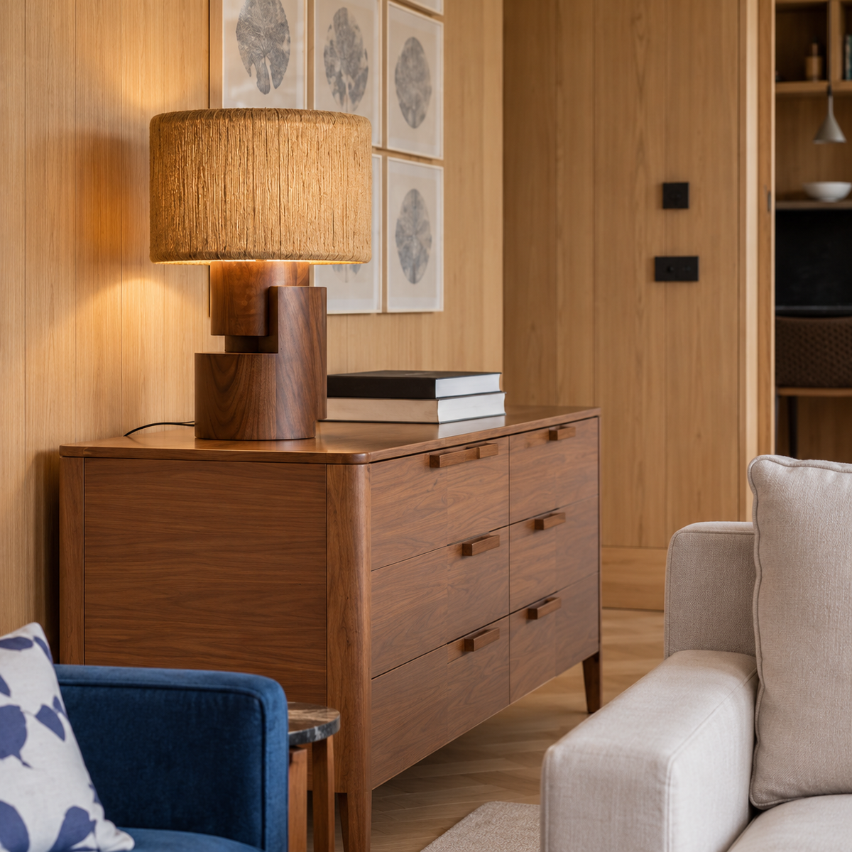 Walnut Table Lamp on a walnut chest beside a cream sofa.