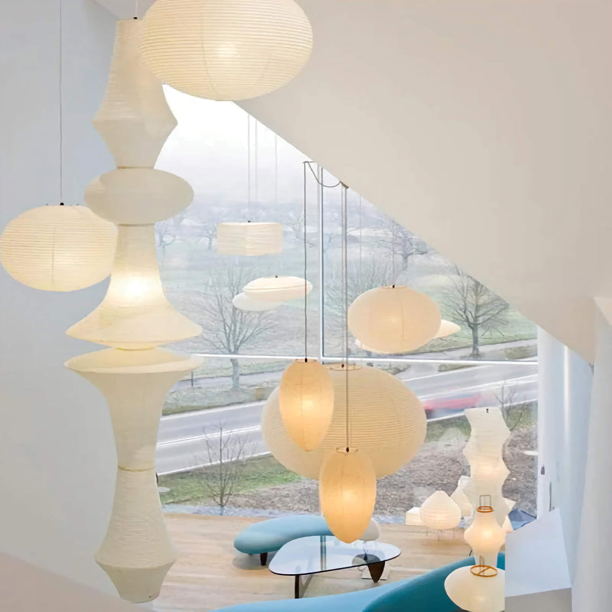 Extra Tall Washi Paper Pendant | Two Heights for a Stairwell or Double Height Room Touch Switch Casalola Lights Luxury