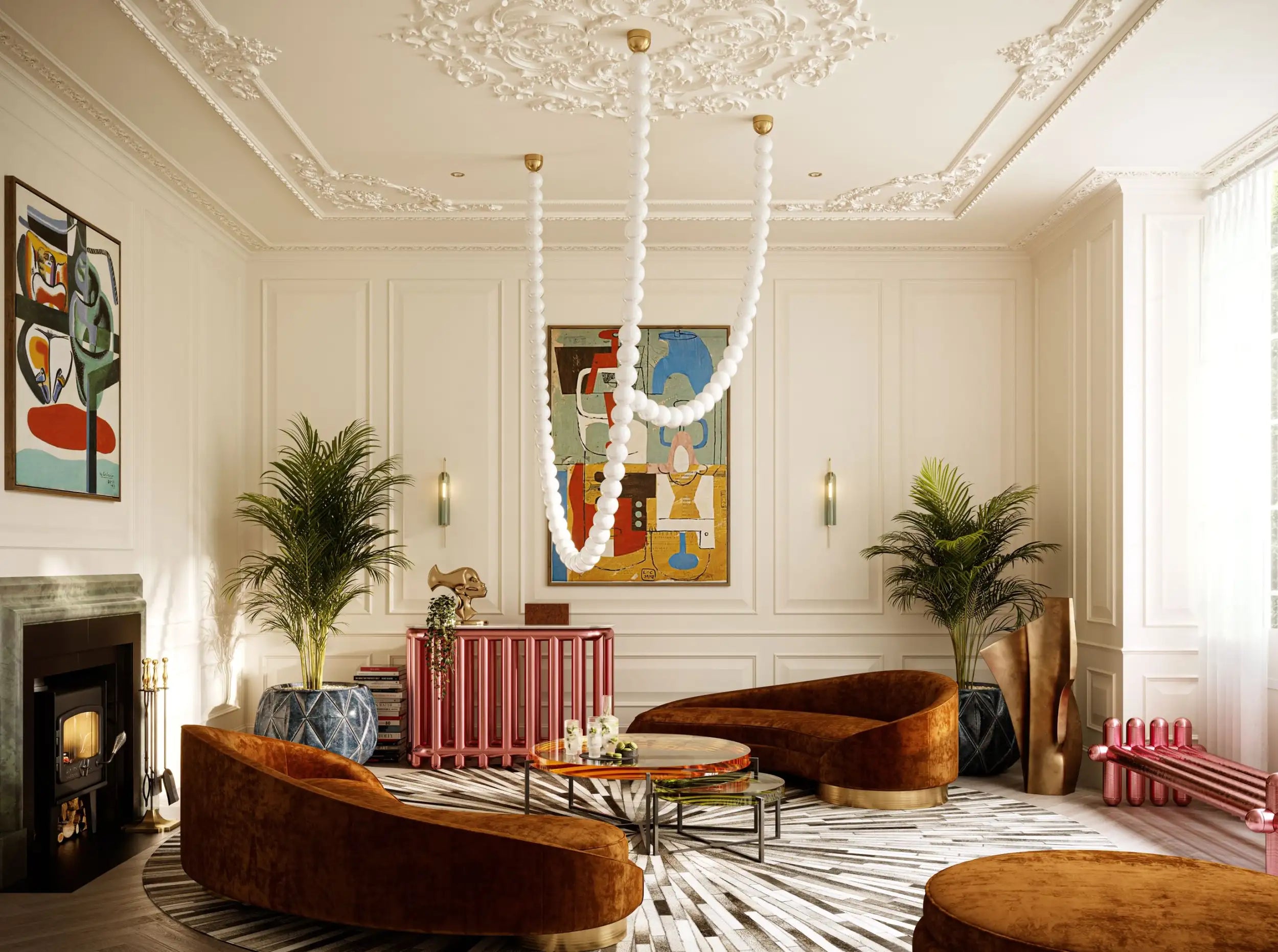 A white beaded chandelier with gold accents hangs from an ornate ceiling.