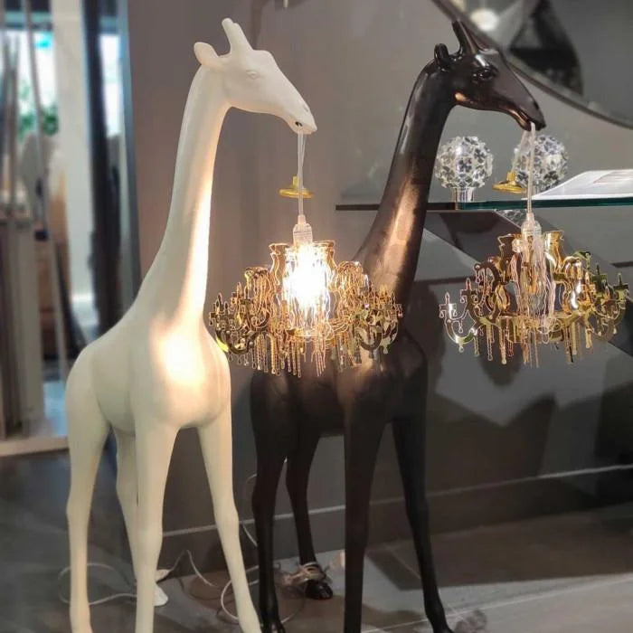 Tall Floor Lamp for Living Room Stairs | Sculpture with Crystal Chandelier | White Giraffe