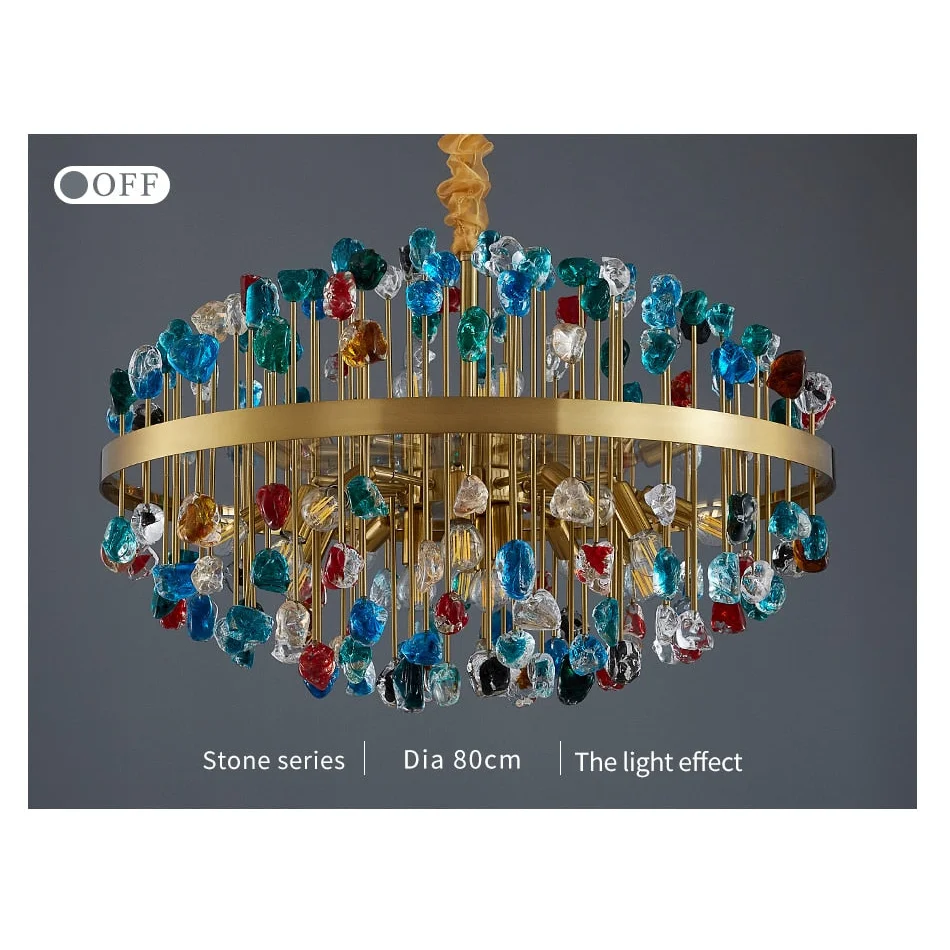 Multicolor Glass Stone Chandelier in Gold Iron | Luxury Modern Ceiling Light for Dining Room & Living Casalolalights