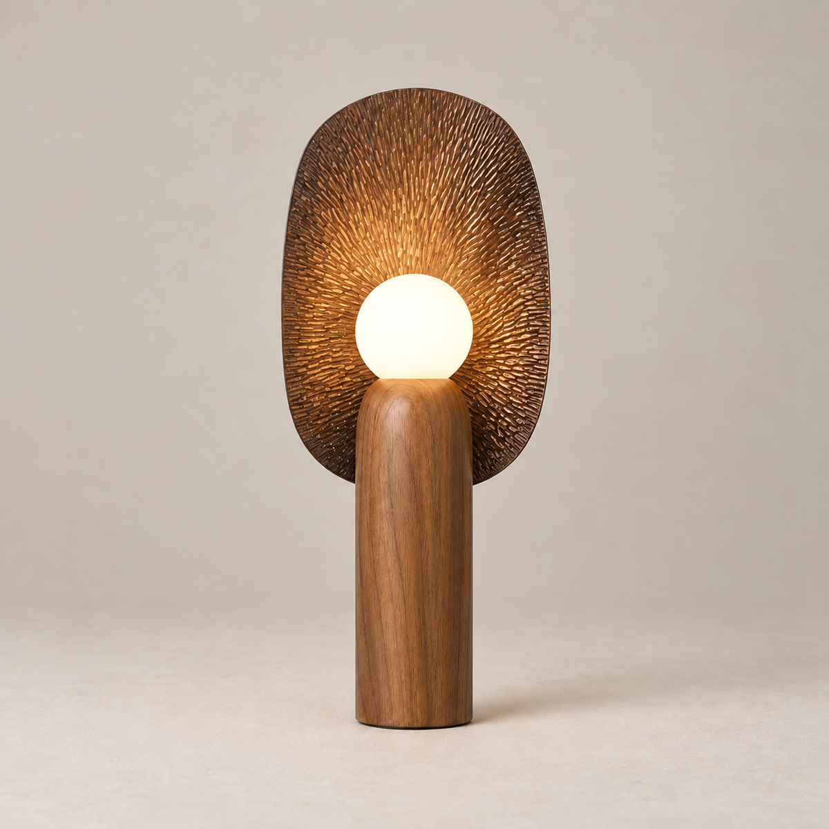 Brown reflector wood table lamp illuminated