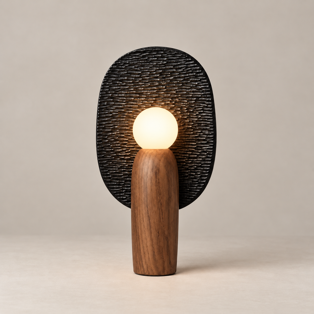 Black reflector wood table lamp illuminated