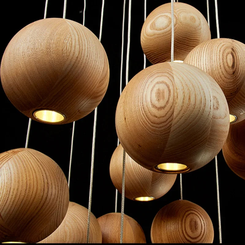Wood Log Pendant Light with 10 Cm Ball – Adjustable Cable Cluster for Kitchen Island Dining Room & Stairwell