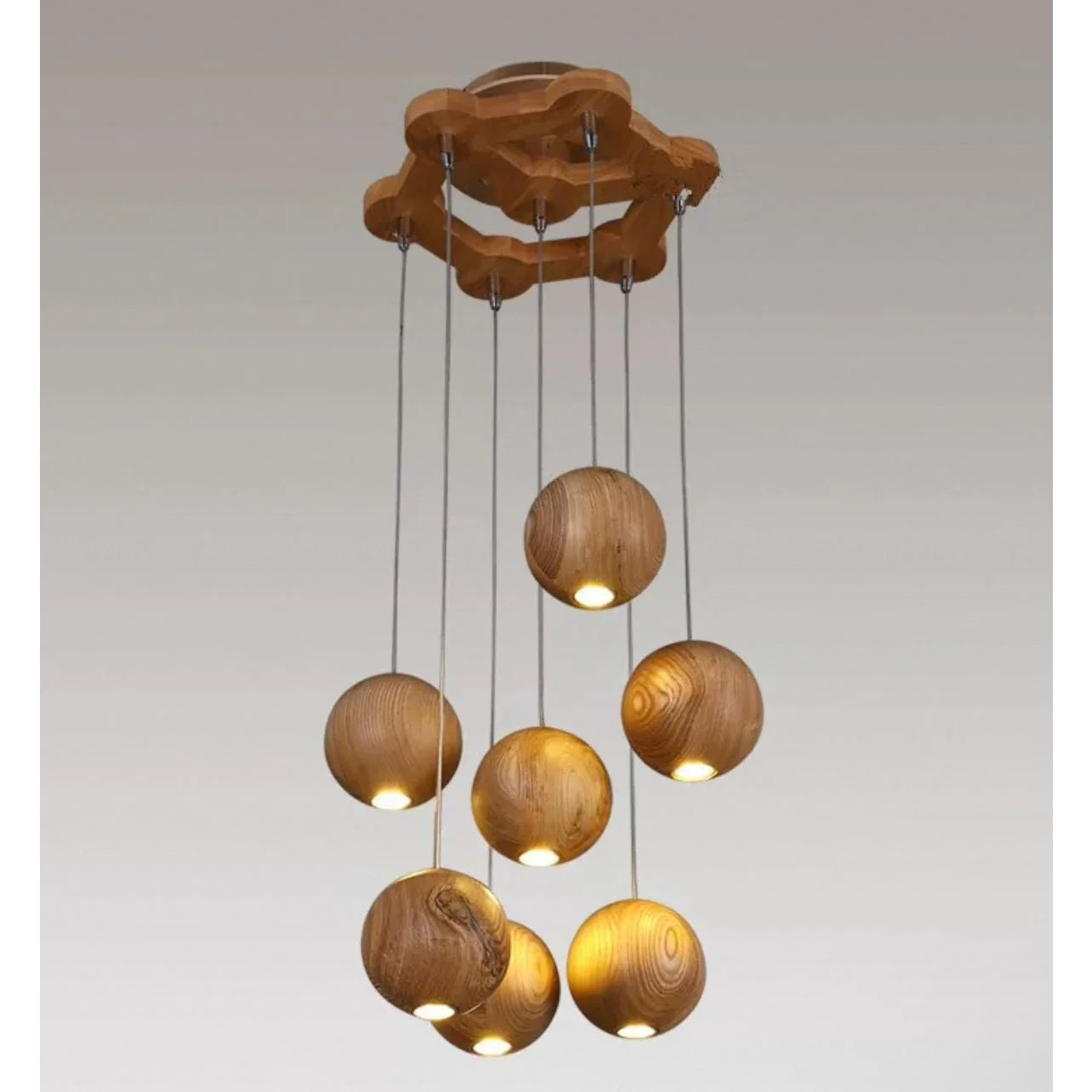 Wood Log Pendant Light with 10 Cm Ball – Adjustable Cable Cluster for Kitchen Island Dining Room & Stairwell
