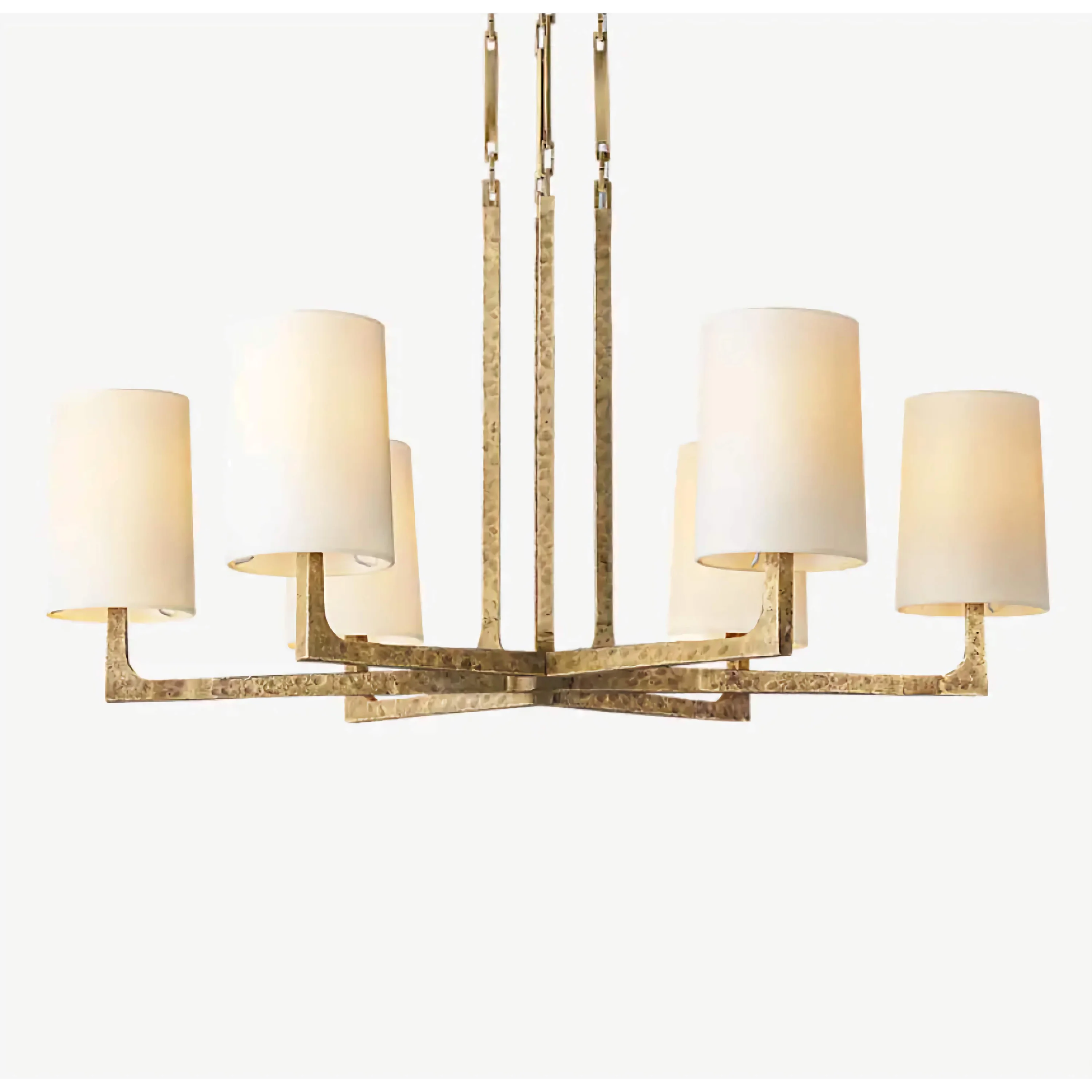 Hammered Brass Chandelier | 6 Light Iron Frame with Linen Shades | Transitional Lighting for Dining or Entry Spaces