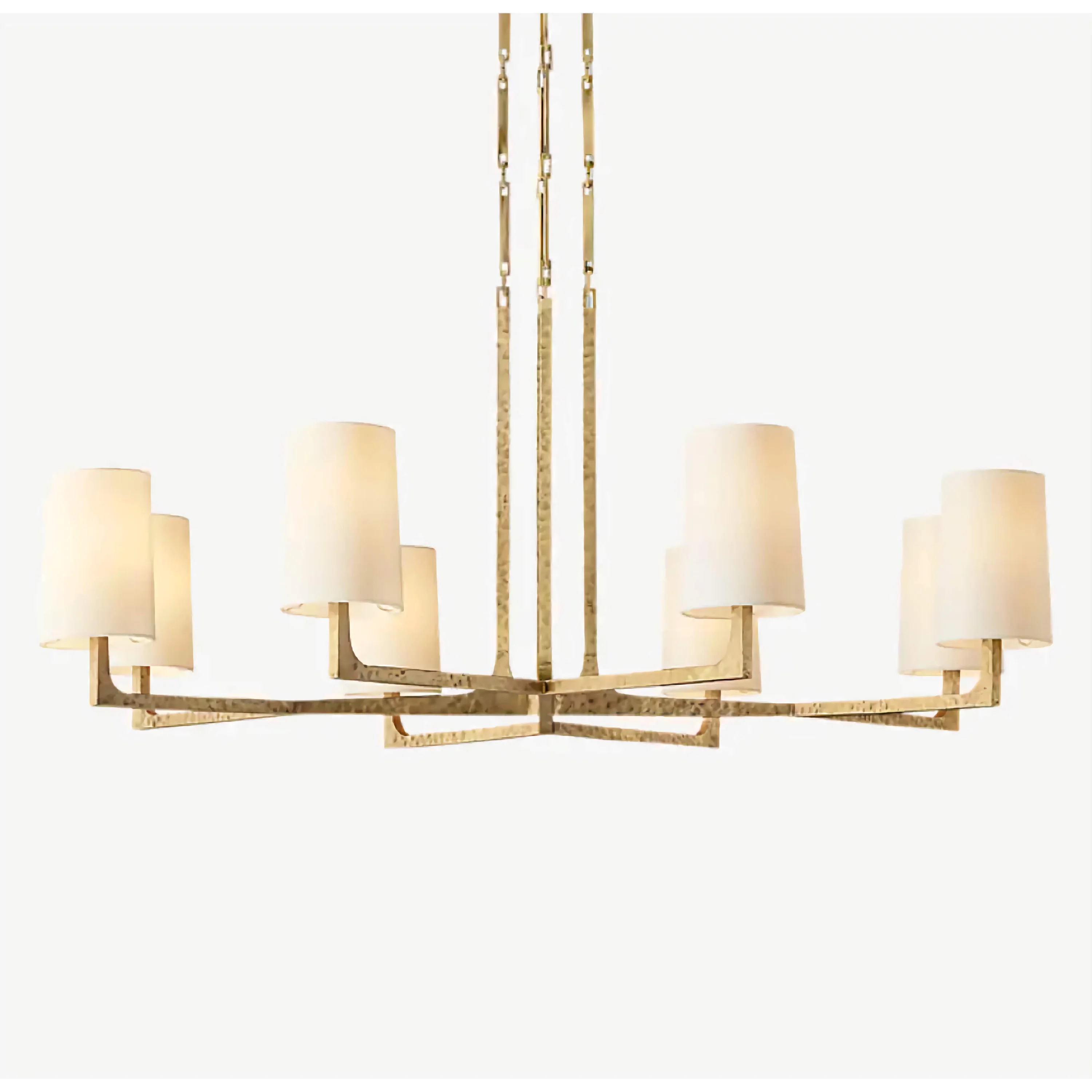 Hammered Brass Chandelier | 6 Light Iron Frame with Linen Shades | Transitional Lighting for Dining or Entry Spaces