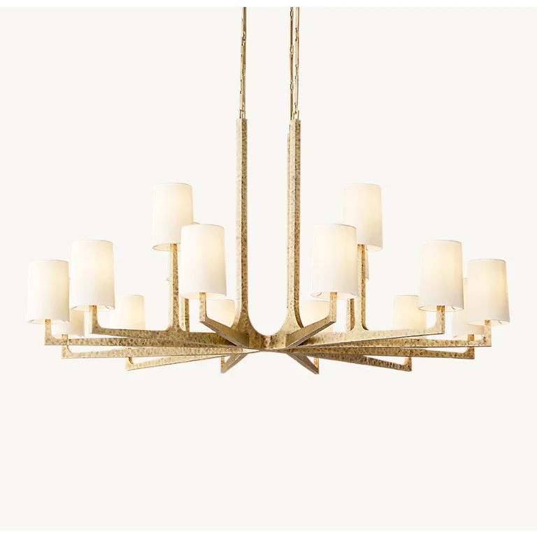 Hammered Brass Chandelier | 6 Light Iron Frame with Linen Shades | Transitional Lighting for Dining or Entry Spaces