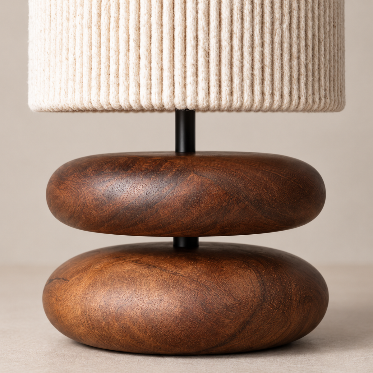 Rounded walnut base and ribbed shade detail of the Zen table lamp
