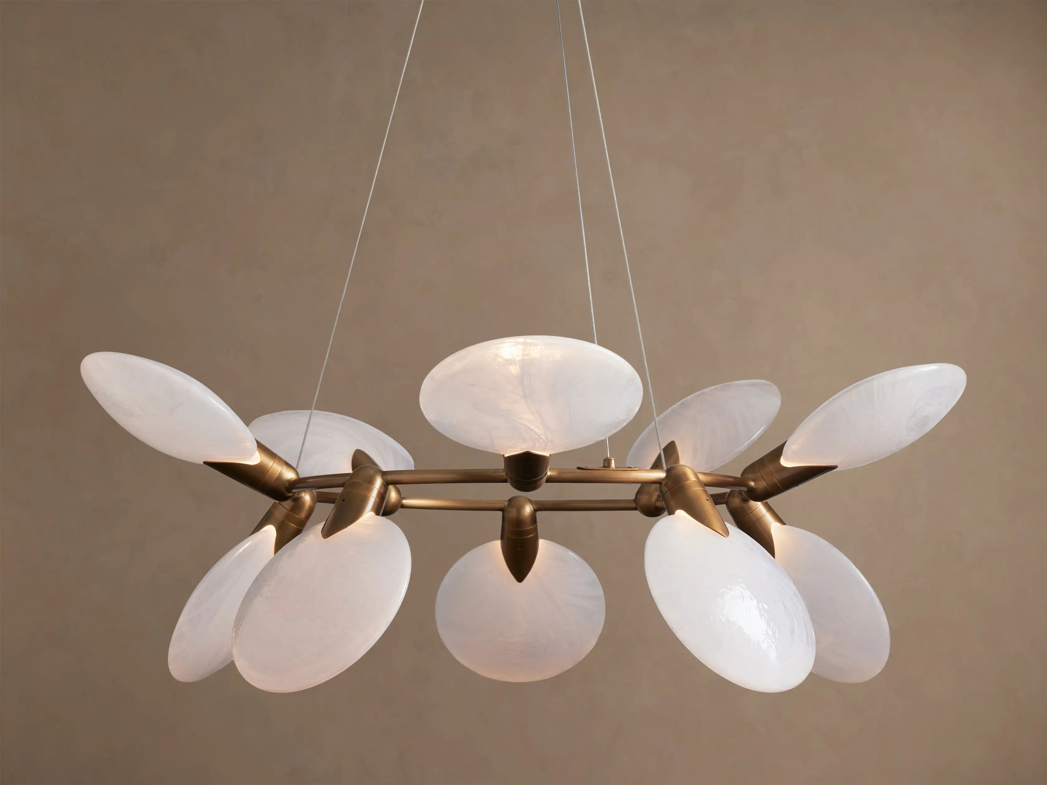 Glass Disc Chandelier for Dining Room | 10 Light Petal Discs 42 Inch Solid Brass Mid-century Modern Casalolalights