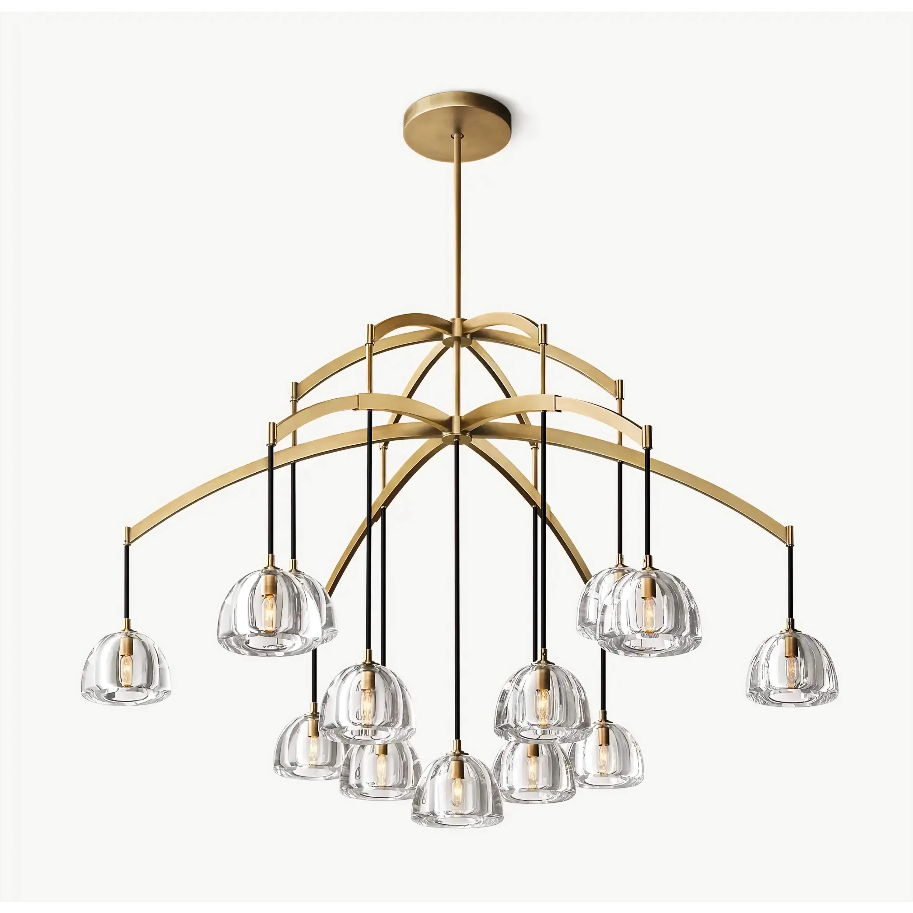 Brass Arched 13 Light Chandelier | Clear Glass Dome Pendant Fixture | Modern Statement for Staircase or Dining Room