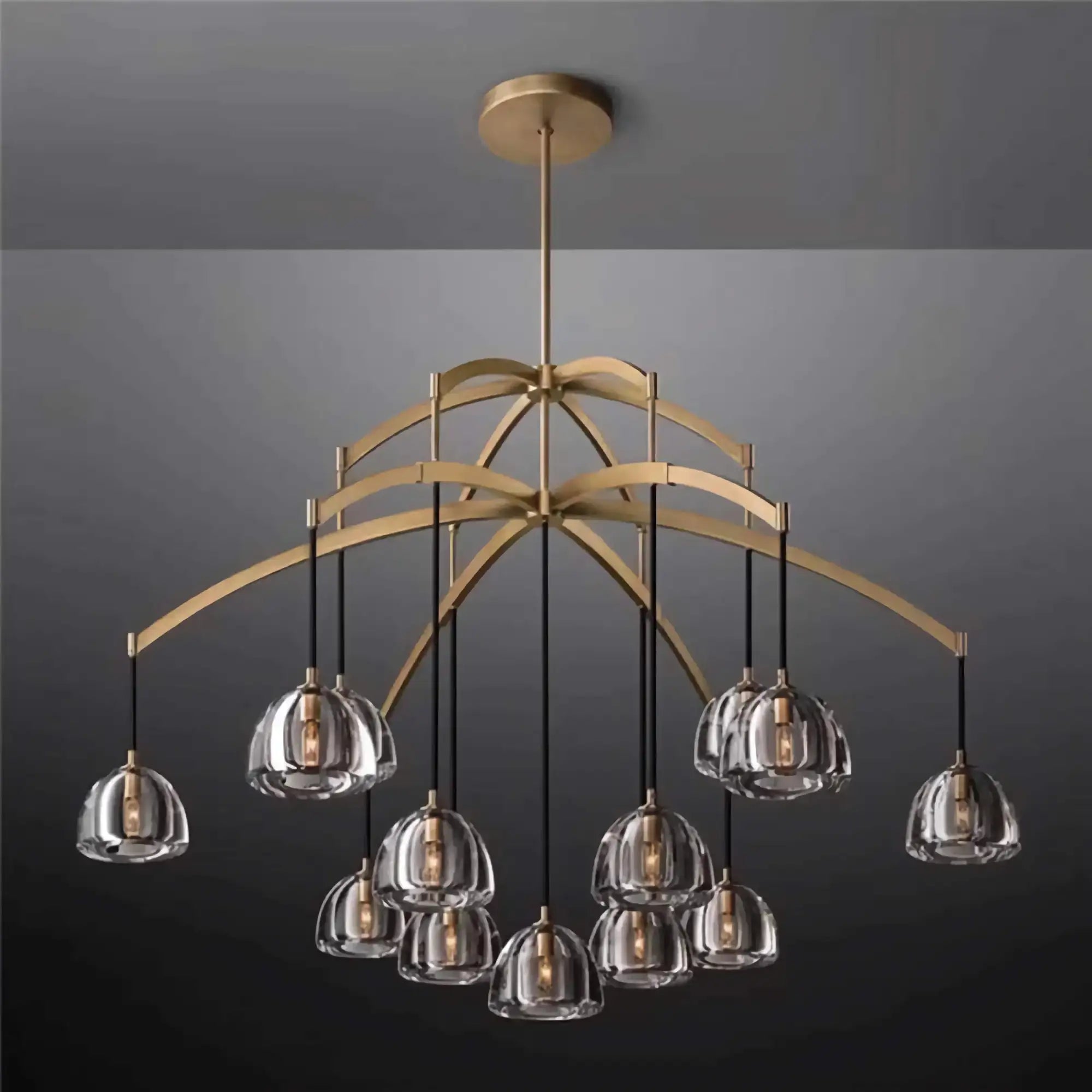 Brass Arched 13 Light Chandelier | Clear Glass Dome Pendant Fixture | Modern Statement for Staircase or Dining Room