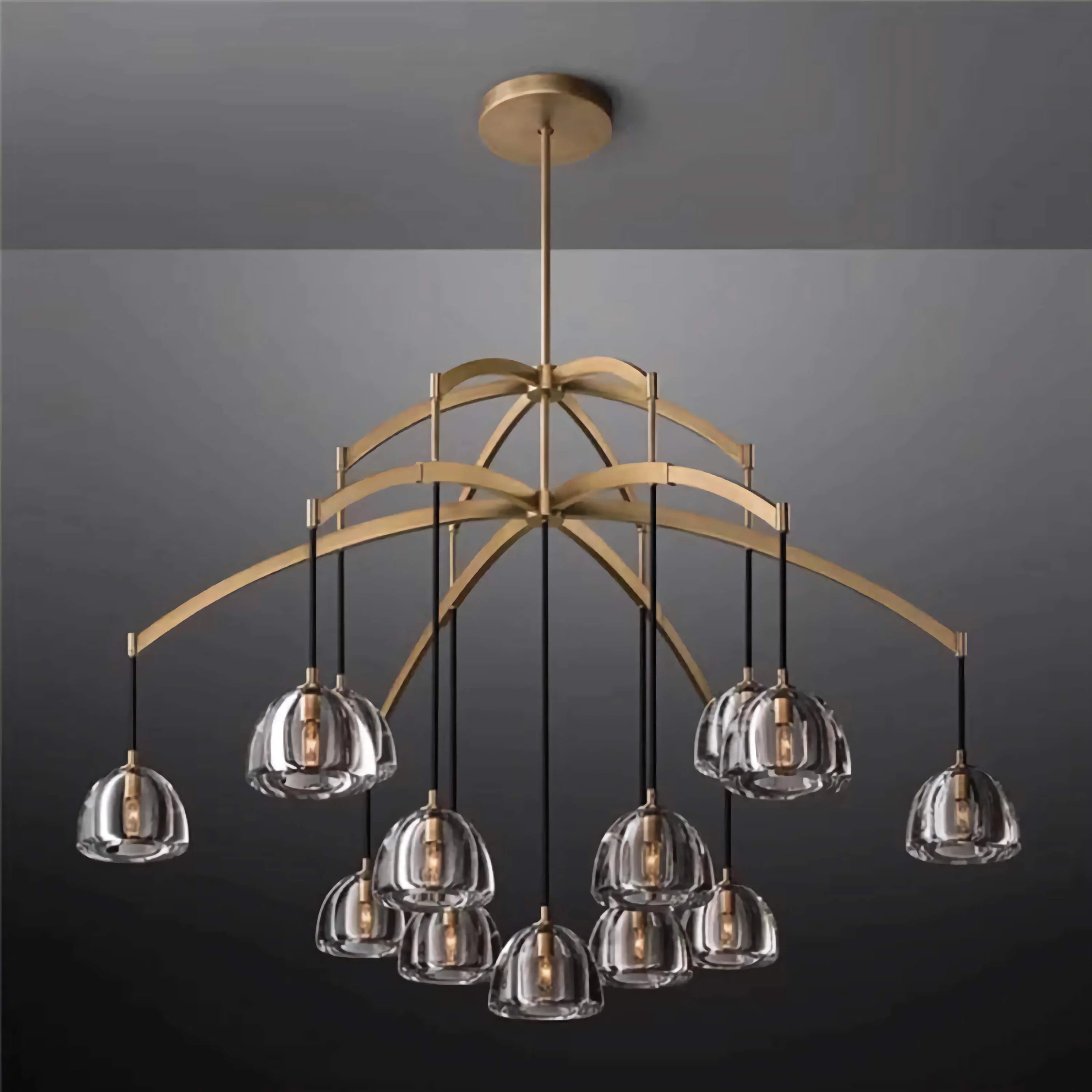 Brass Arched 13 Light Chandelier | Clear Glass Dome Pendant Fixture | Modern Statement for Staircase or Dining Room