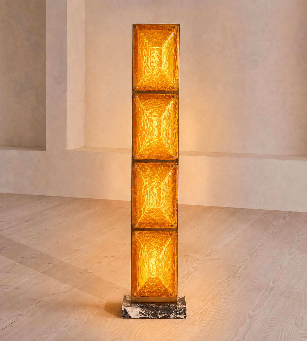 SCULPTURAL AMBER TAPERED GLASS & BRASS FLOOR LAMP