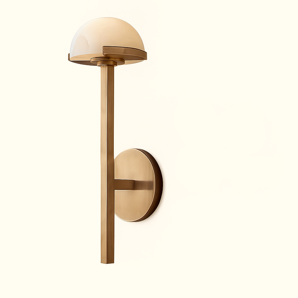 Wall lamp with a white shade and gold finish on a beige background
