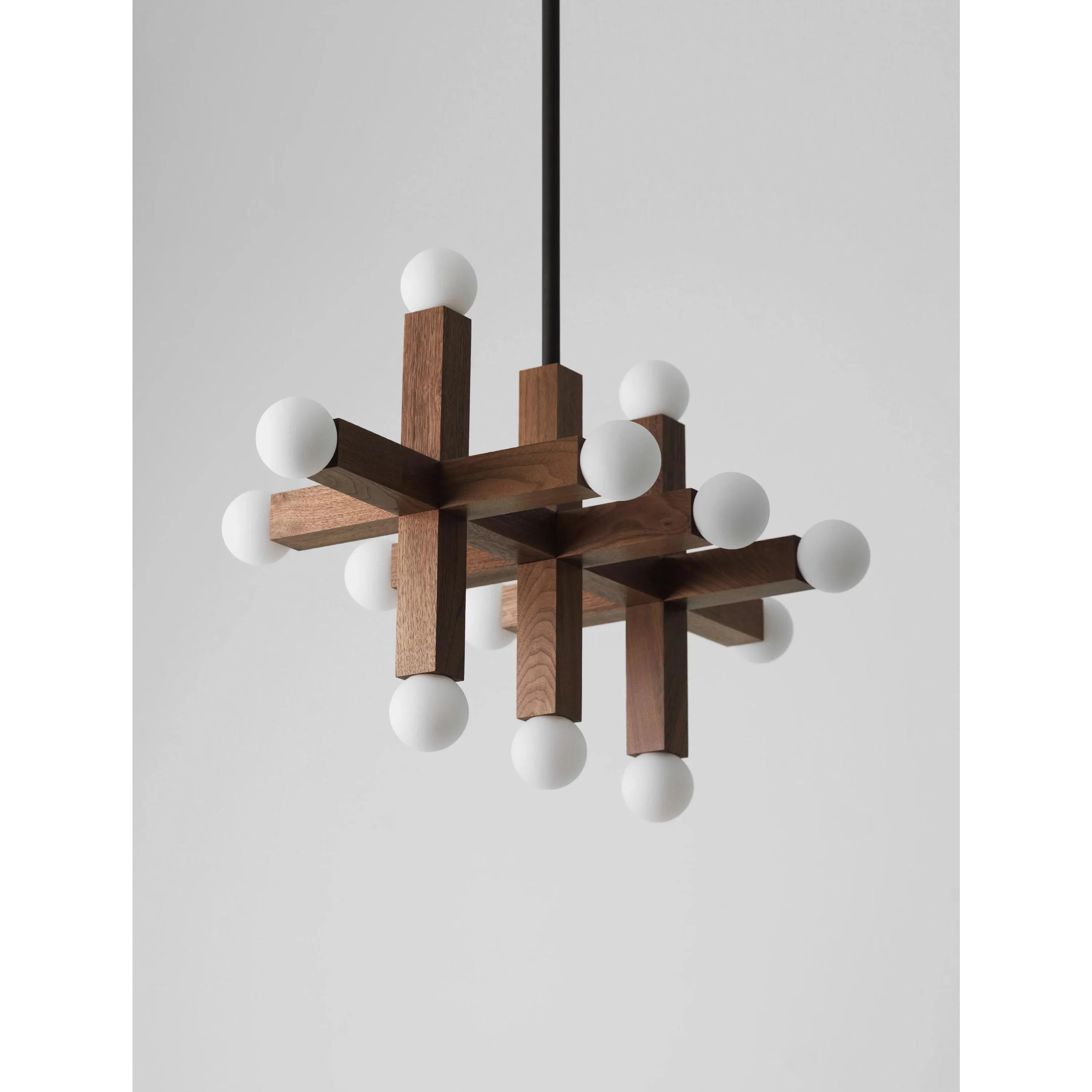Geometric Walnut Grid Chandelier | 12 Light Opal Globe Pendant | Modern Sculptural Ceiling Fixture for Dining or Studio