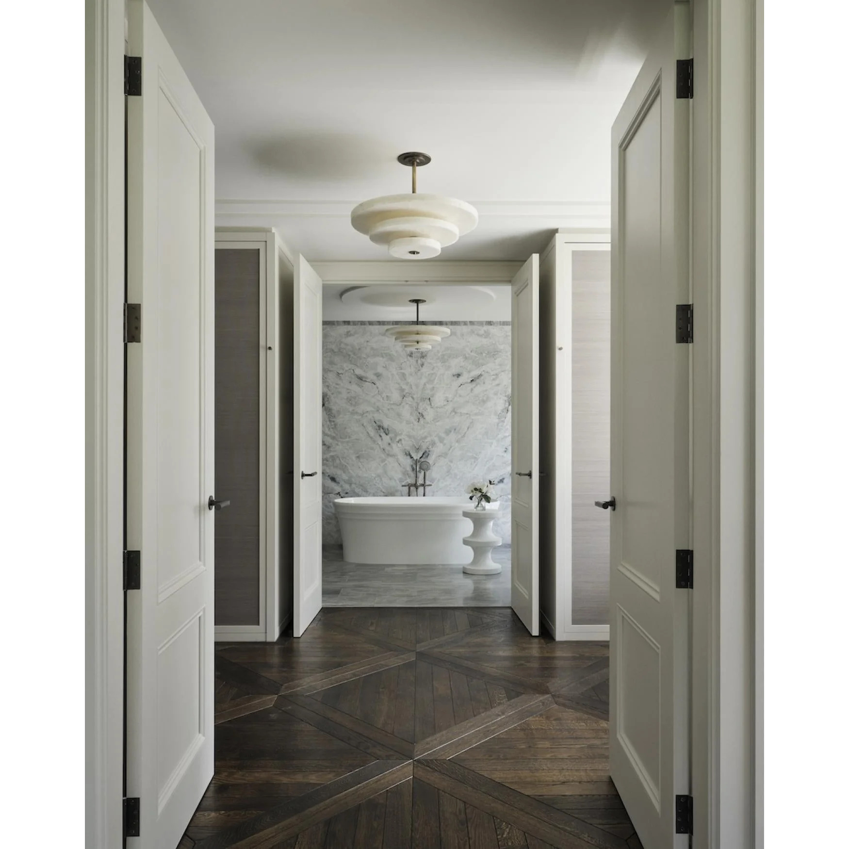 Tiered Alabaster Disc Dining Room Chandelier | Modern Semi Flush Ceiling Light Statement Fixture Architectural Accent