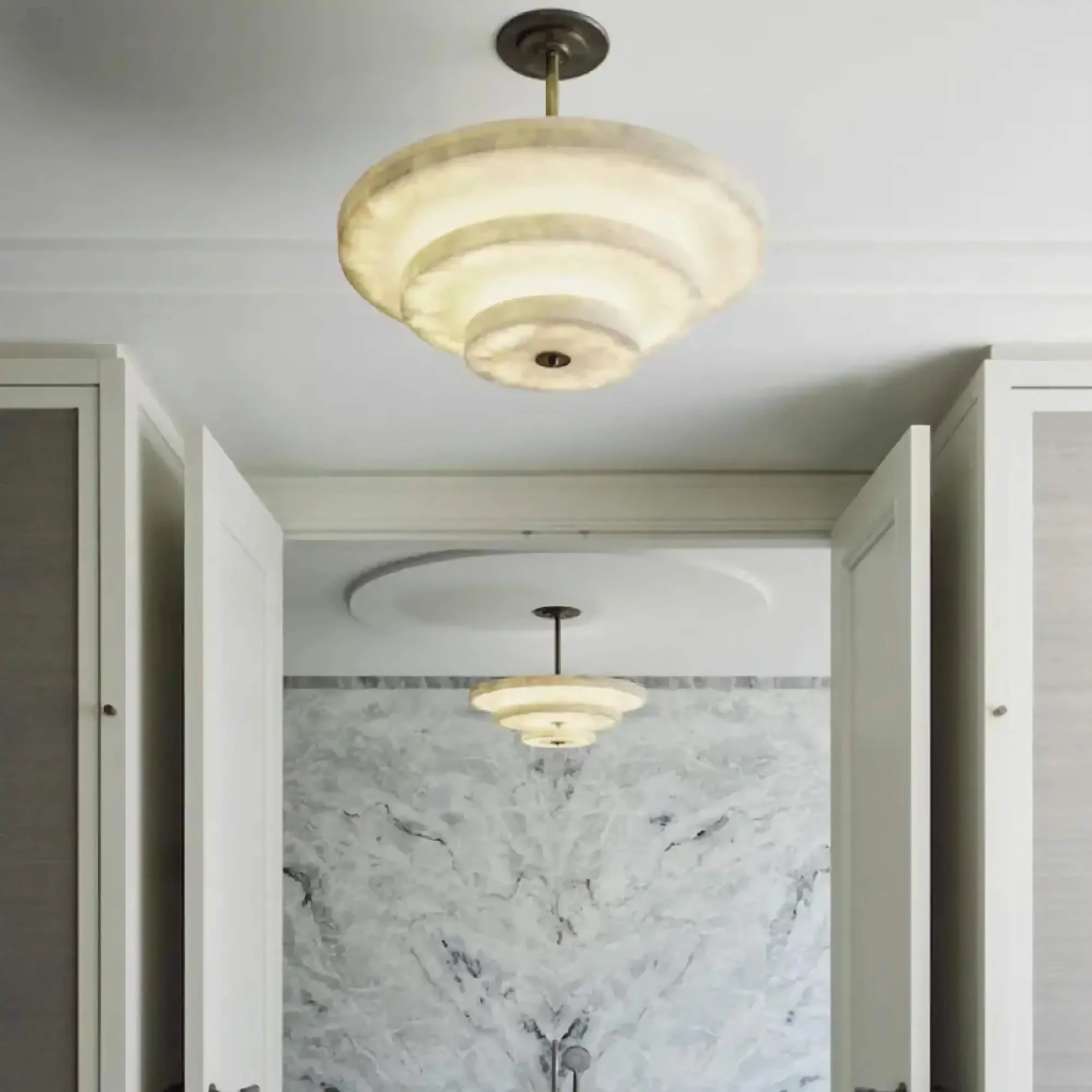 Tiered Alabaster Disc Dining Room Chandelier | Modern Semi Flush Ceiling Light Statement Fixture Architectural Accent