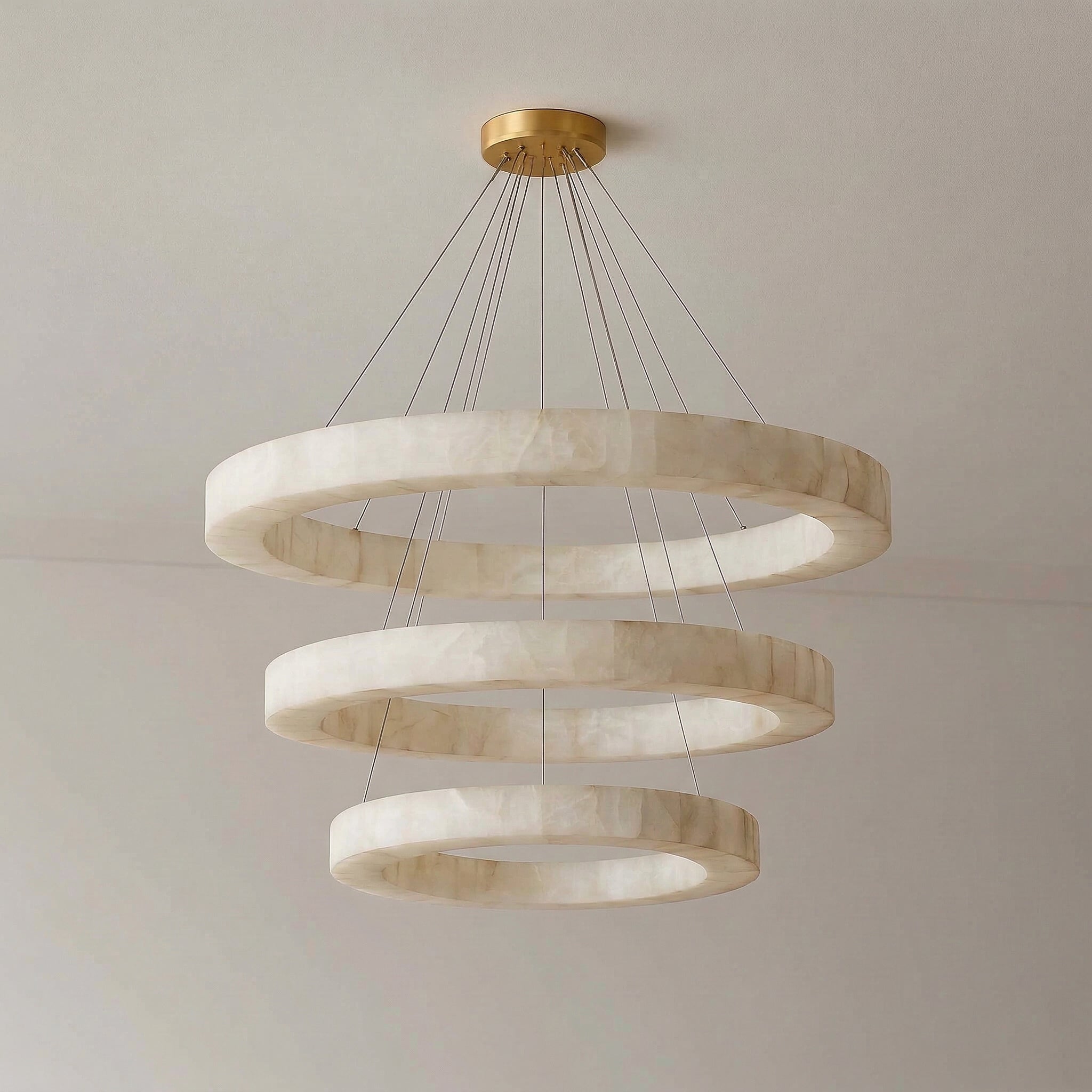 Large Alabaster Triple Ring Pendant Light Copper – Grand Led Halo Chandelier for Staircase & Living Room Casalolalights
