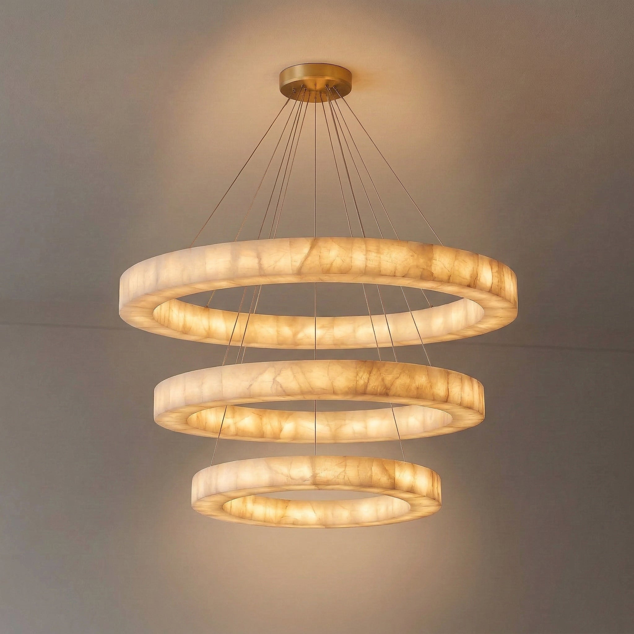 Large Alabaster Triple Ring Pendant Light Copper – Grand Led Halo Chandelier for Staircase & Living Room Casalolalights