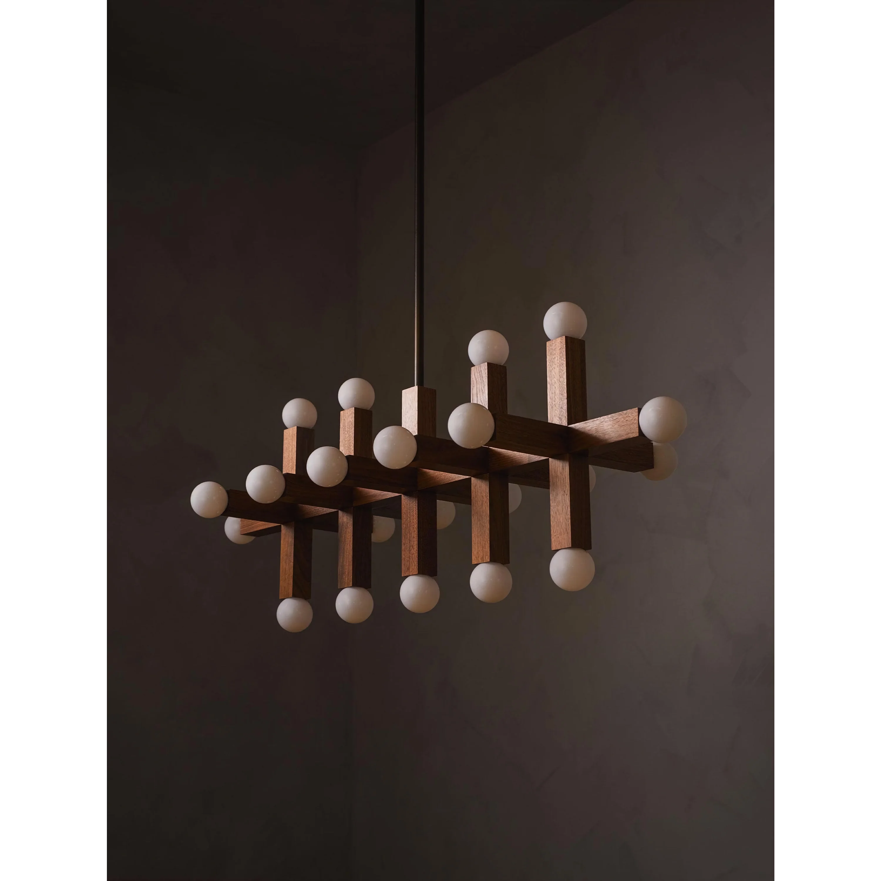 Union 5 20 Light Walnut Grid Chandelier | Sculptural Wood Globe Pendant | Modern Statement Fixture for Dining Room