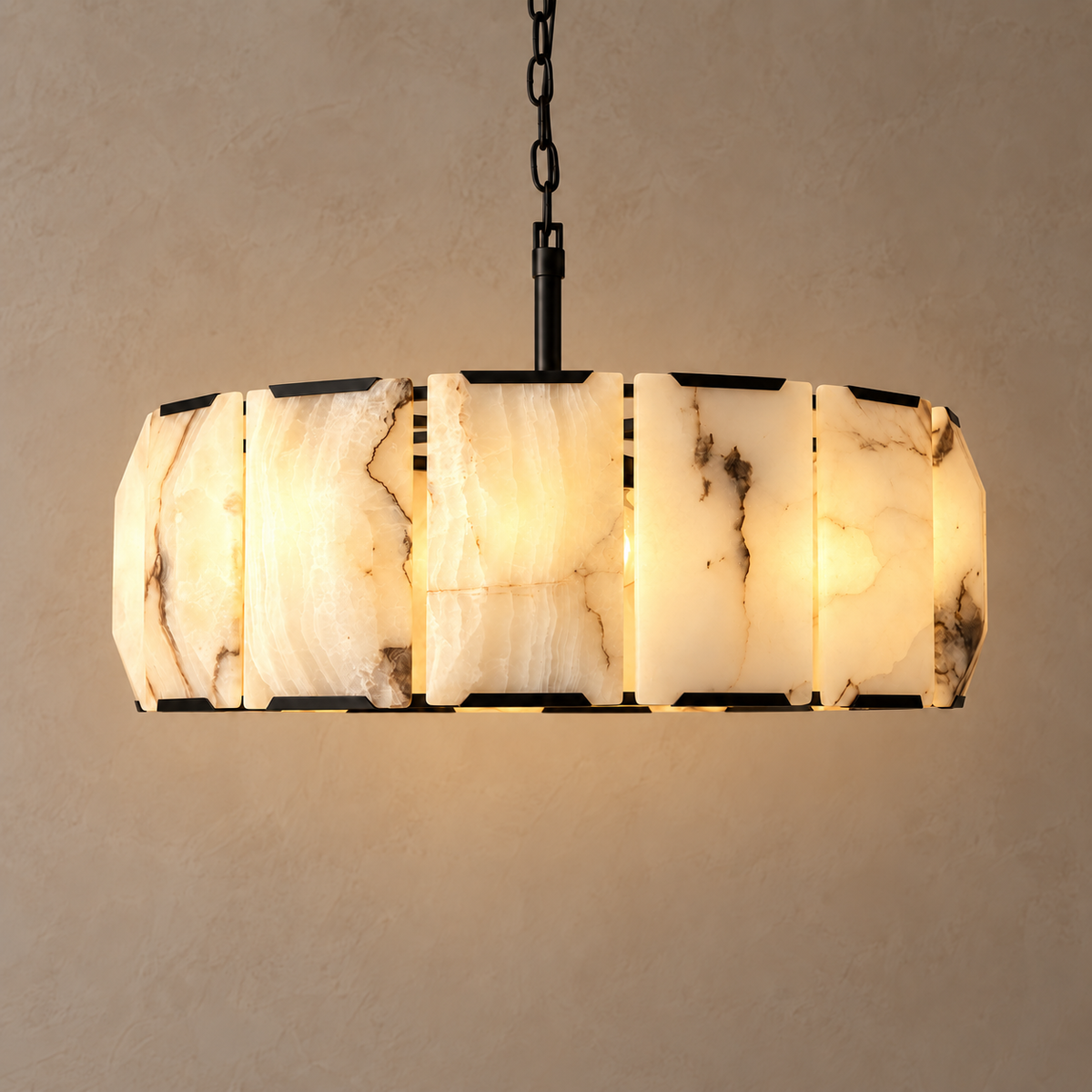Round Alabaster Halo Chandelier | Black Stainless Steel | CLPOR022B