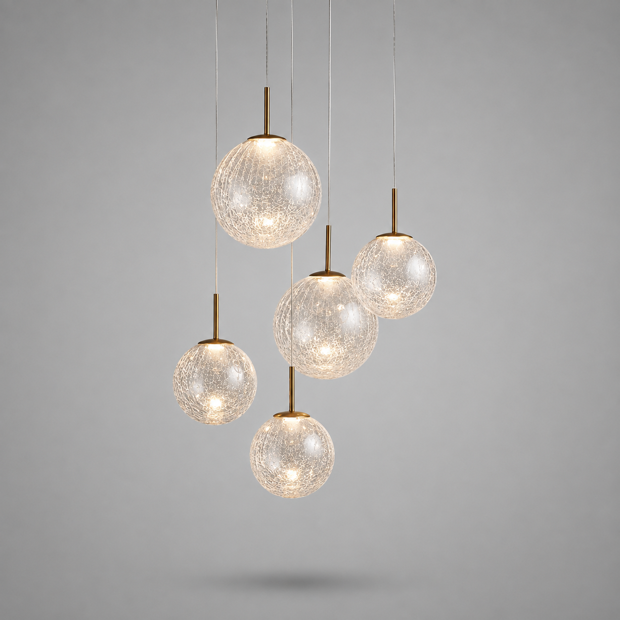 Colored glass and brass 5-light kitchen island pendant, lit, second angle — CLND008
