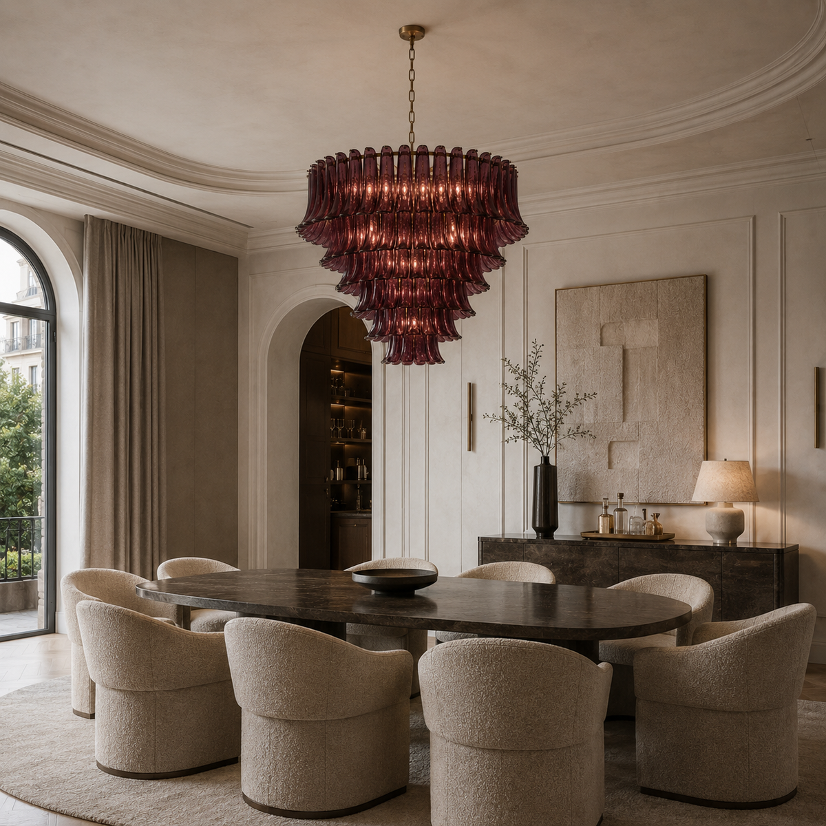 Large modern sculptural glass and brass statement chandelier installed in an interior — CLND006