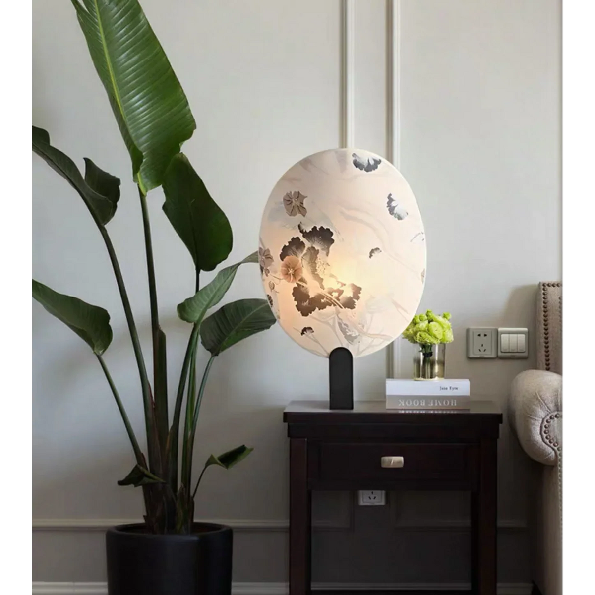 White Table Lamp for Living Room and Bedroom | Botanical Fabric Shade Sculptural Steel Base Console Casalola Lights