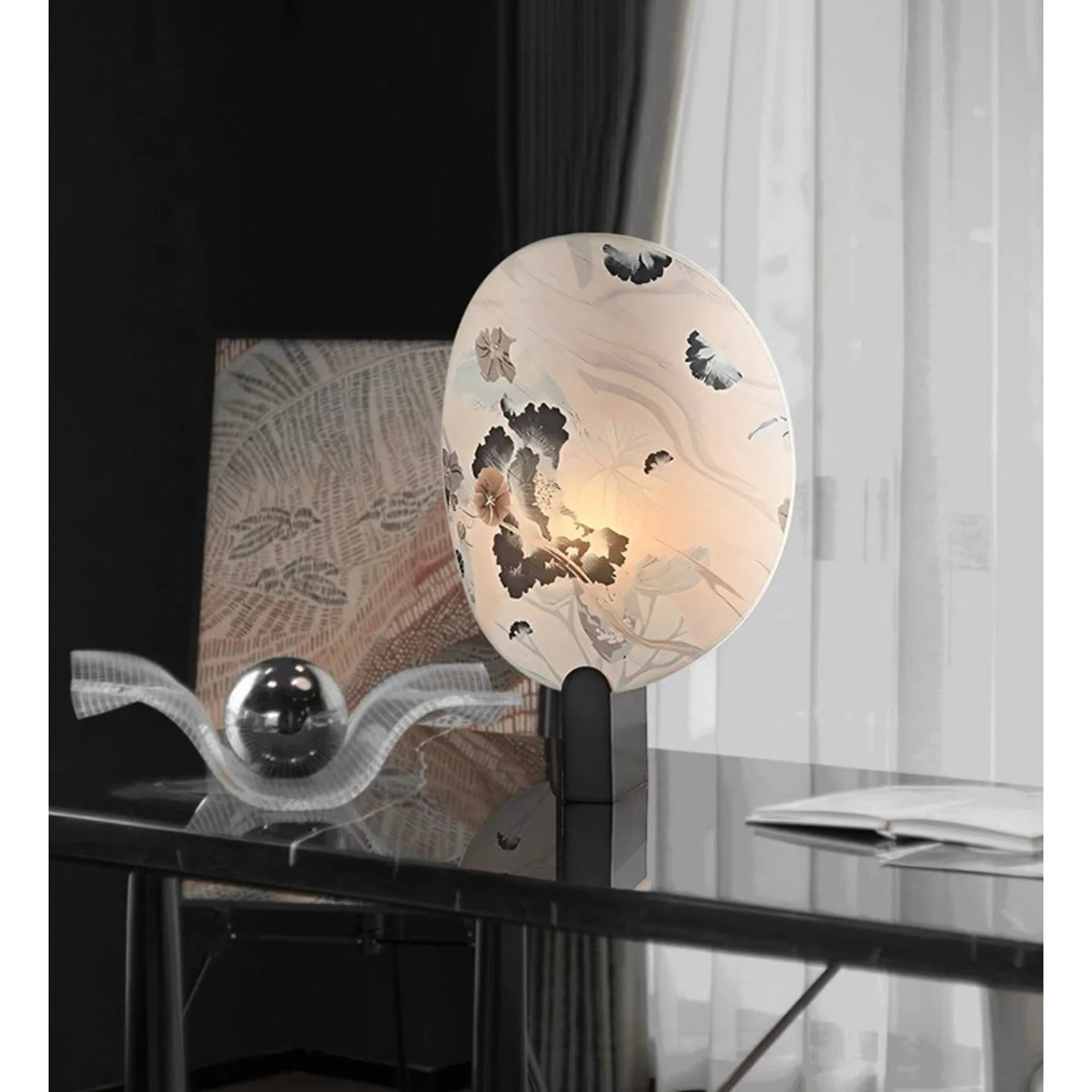 White botanical diffuser table lamp in a living room