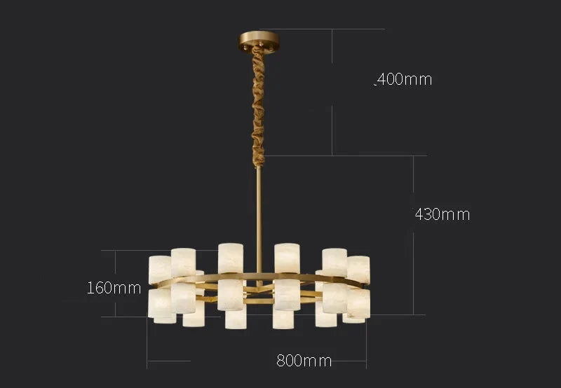 Original dimensions for the 80 cm alabaster cylinder chandelier.