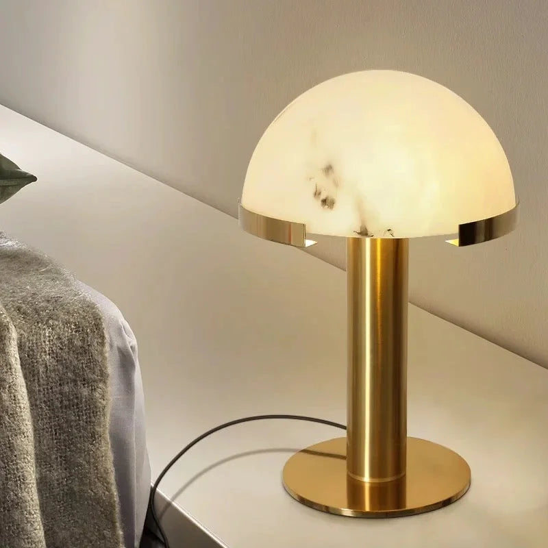 Alabaster and Gold Brass Table Lamp for Bedroom Living Room | Carved Stone Dome Modern Art Deco Casalola Lights Luxury