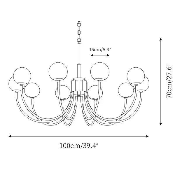 10-head alabaster globe chandelier size diagram, 100 cm diameter and 70 cm body height.