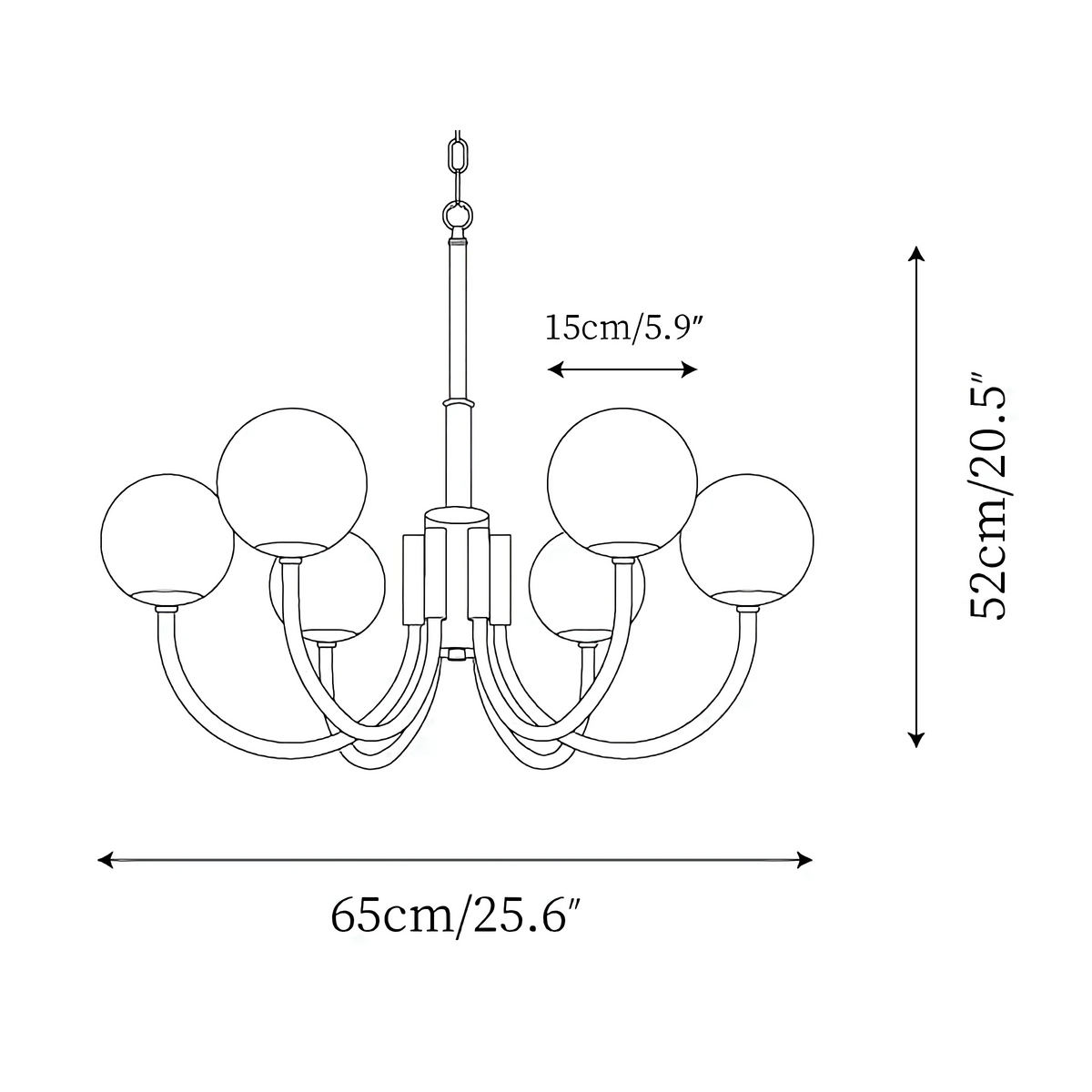 6-head alabaster globe chandelier size diagram, 65 cm diameter and 52 cm body height.