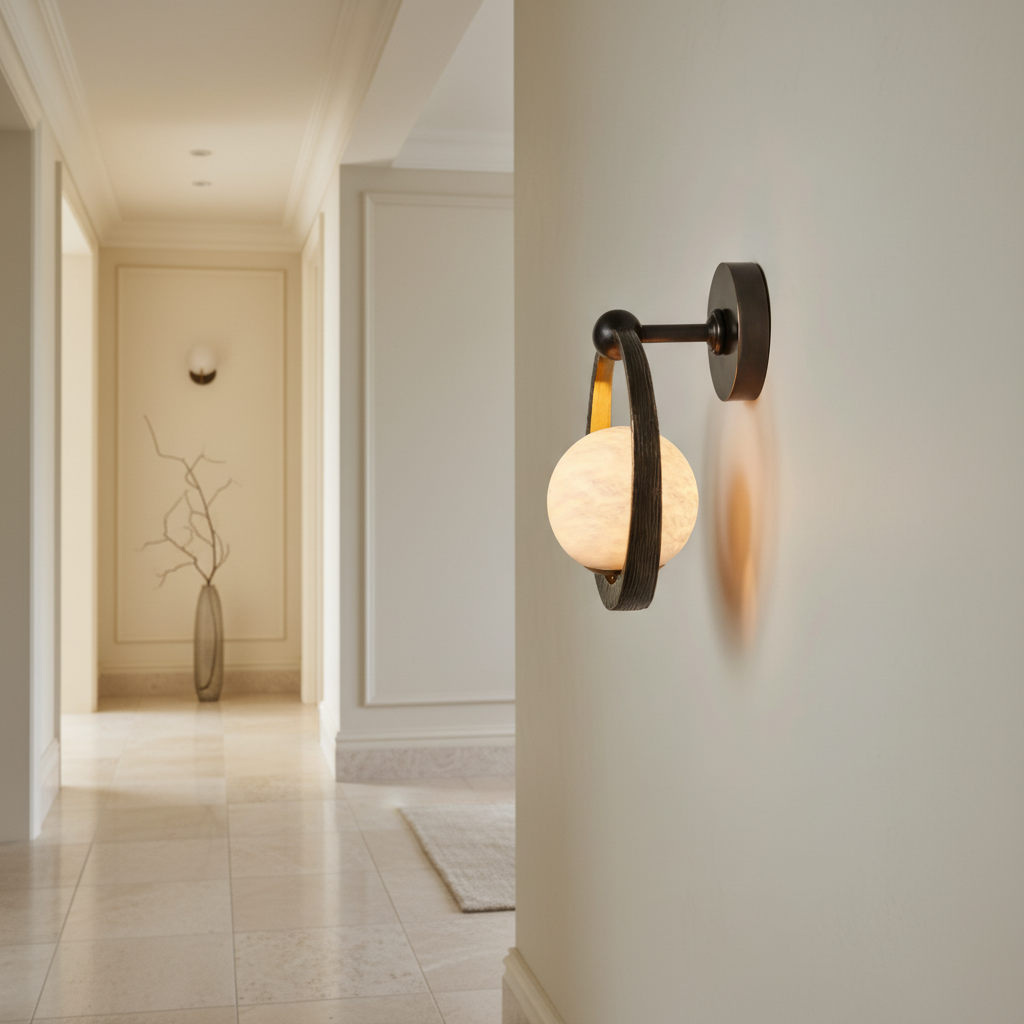Genuine Alabaster Globe & Forged Iron Wall Sconce | Bedside Pair Stairwell Light Hallway 2700k Casalola Lights Luxury