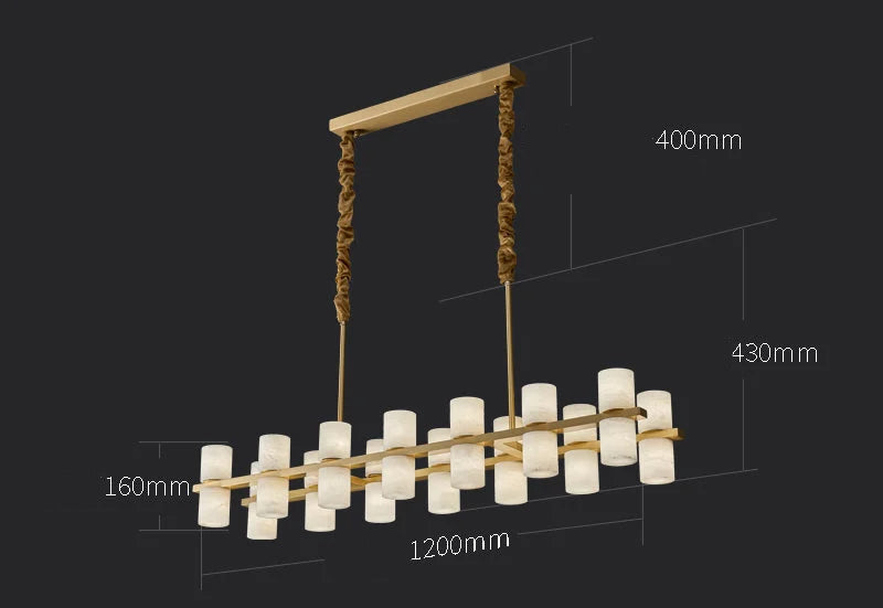 Alabaster Linear Chandelier | Brushed Brass Island Light | 24 Fixture for Dining Table or Kitchen Peninsula