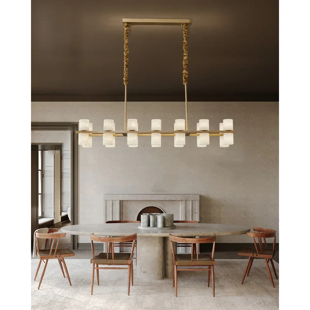 Alabaster Linear Chandelier | Brushed Brass Island Light | 24 Fixture for Dining Table or Kitchen Peninsula