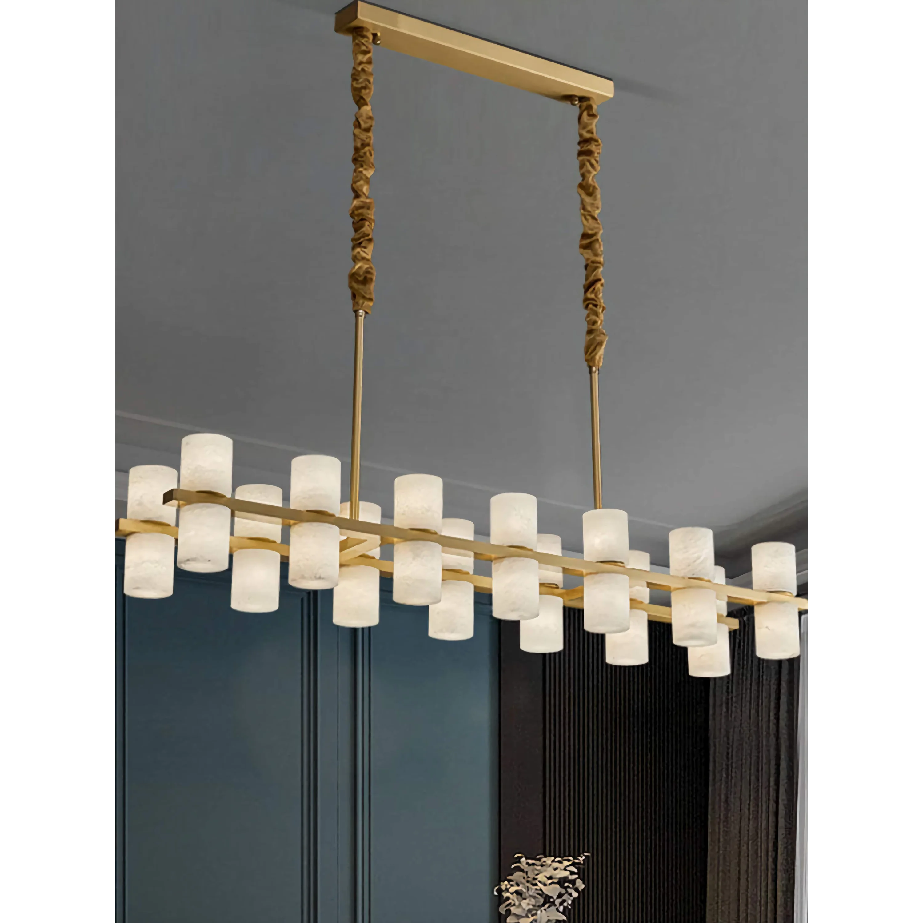 Alabaster Linear Chandelier | Brushed Brass Island Light | 24 Fixture for Dining Table or Kitchen Peninsula