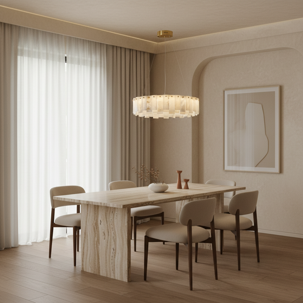 Alabaster Ring Chandelier for Dining Room | Brass Frame 18 24 31 or 39 Inch Wide 5.5 Profile Casalola Lights Luxury