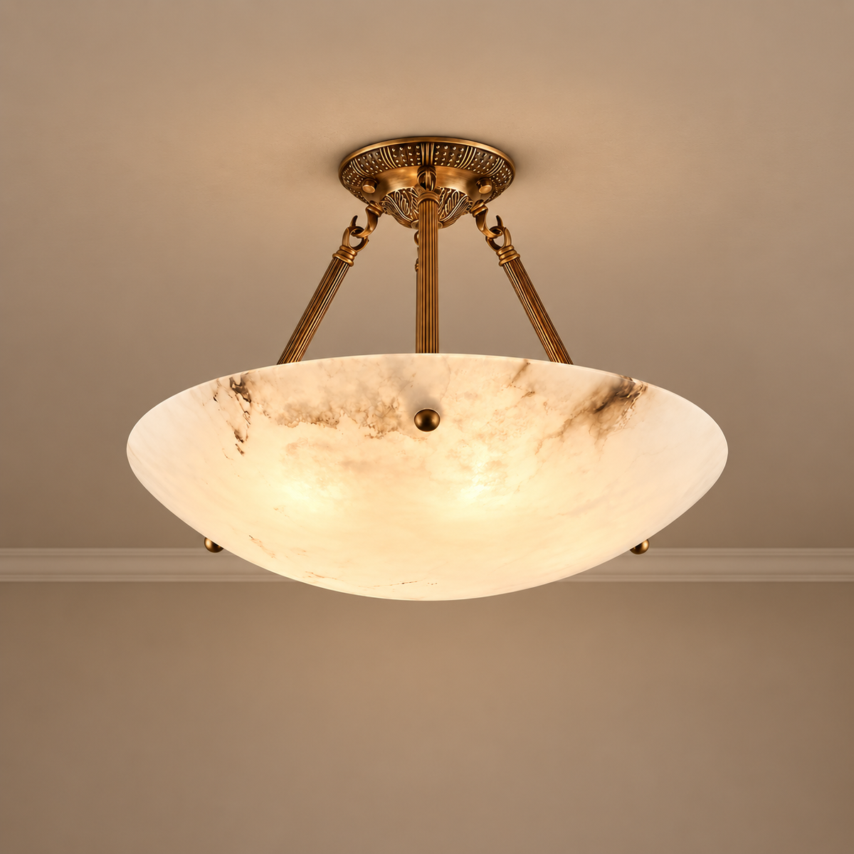 Genuine Alabaster Bowl Semi Flush | Six Diameters from Hallway to Great Room Brass Rods and Chain Casalola Lights