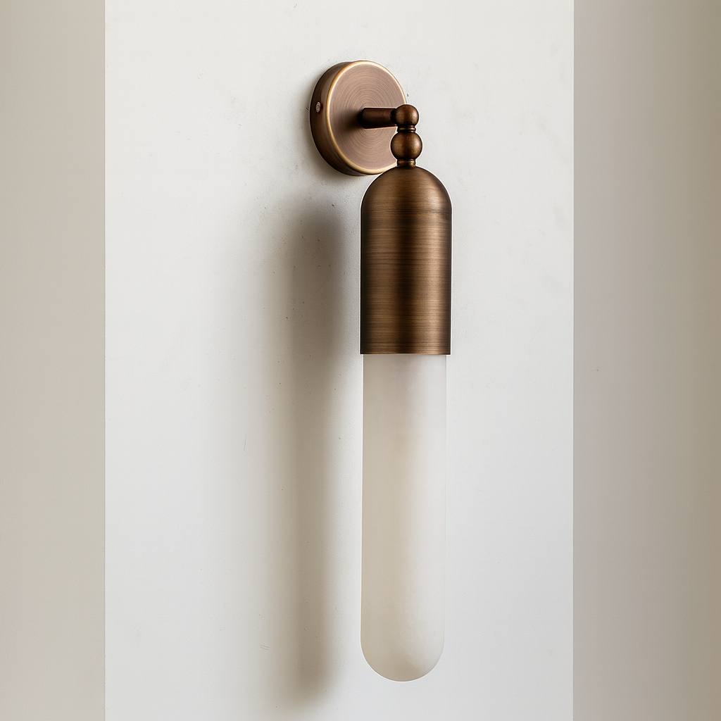 Genuine Alabaster Tube Wall Sconce Brass | Low Profile Hallway Vanity Pair Soft Stone Glow Casalola Lights Luxury Lamps