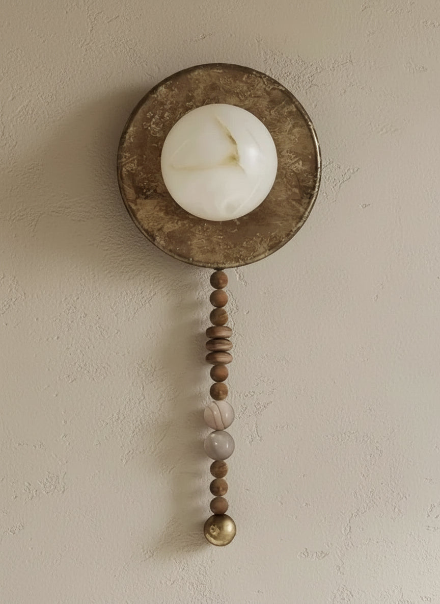 Alabaster and Wood Beaded Wall Sconce – Casalola Round Iron Backplate Light for Bedroom & Hallway