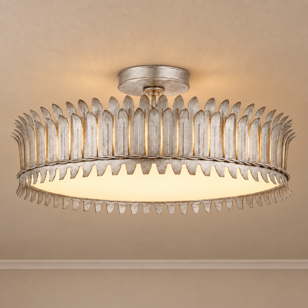 Brass Leaf Semi Flush Mount for Low Ceiling Antique Gold or Silver | Art Deco Dimmable Option Casalola Lights Luxury