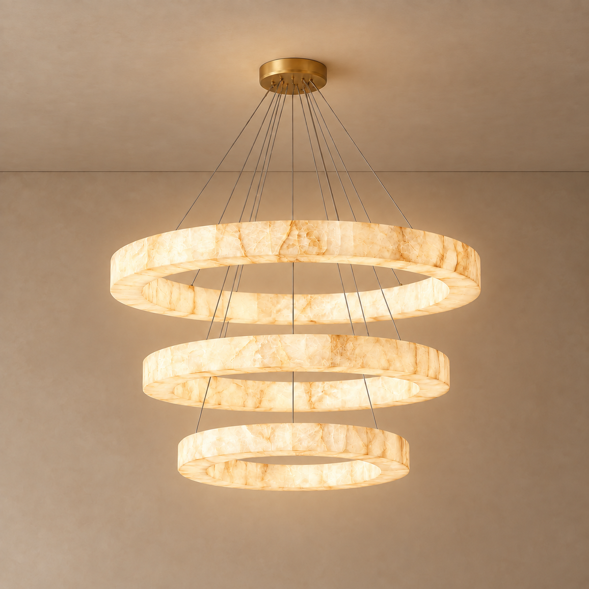 Large Genuine Alabaster 3 Ring Chandelier | Double Height Foyer Adjustable Cables Heavy Duty Mount Casalola Lights