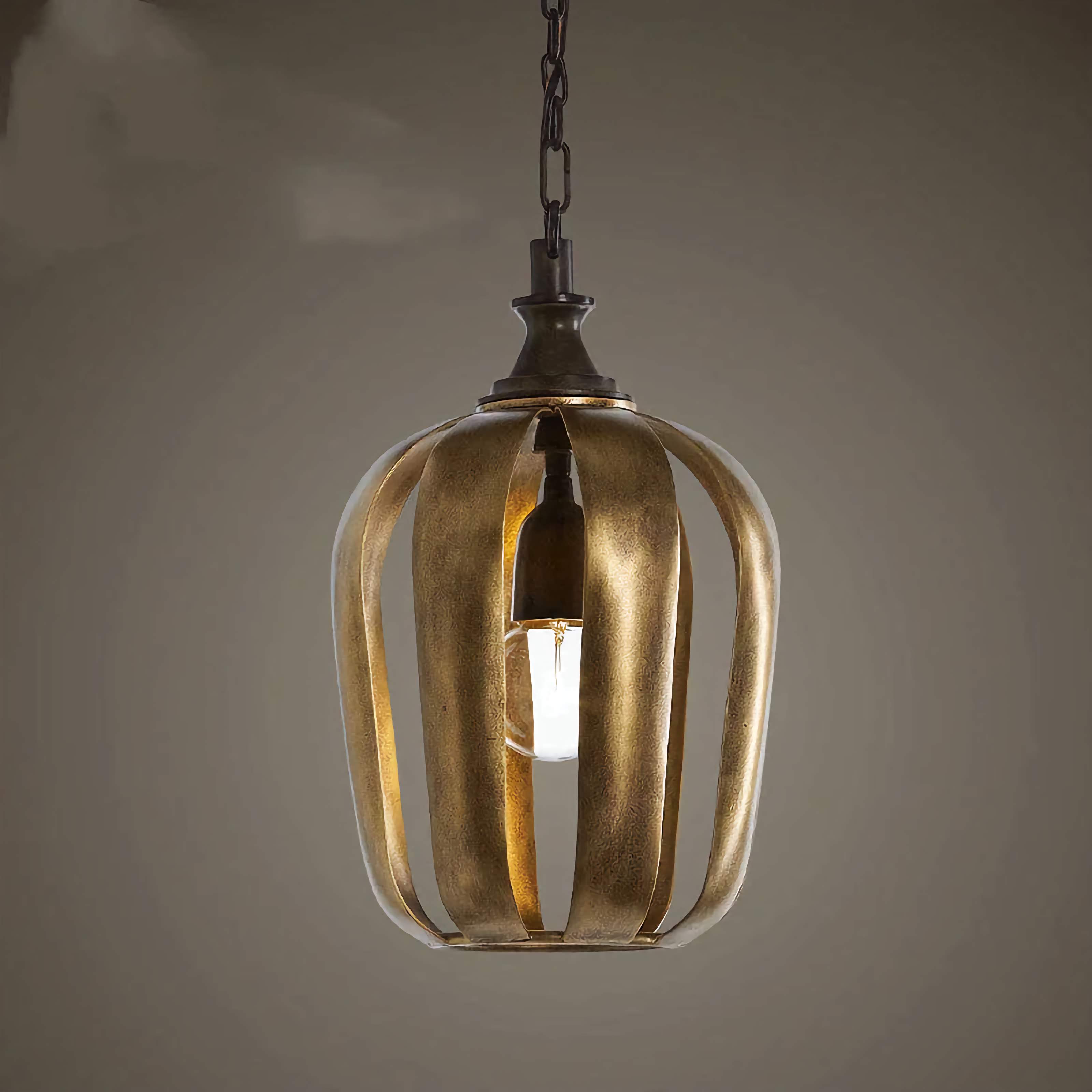 Antique Gold Cage Pendant Light in Iron – Vintage Industrial Ceiling Fixture for Dining Room or Entryway