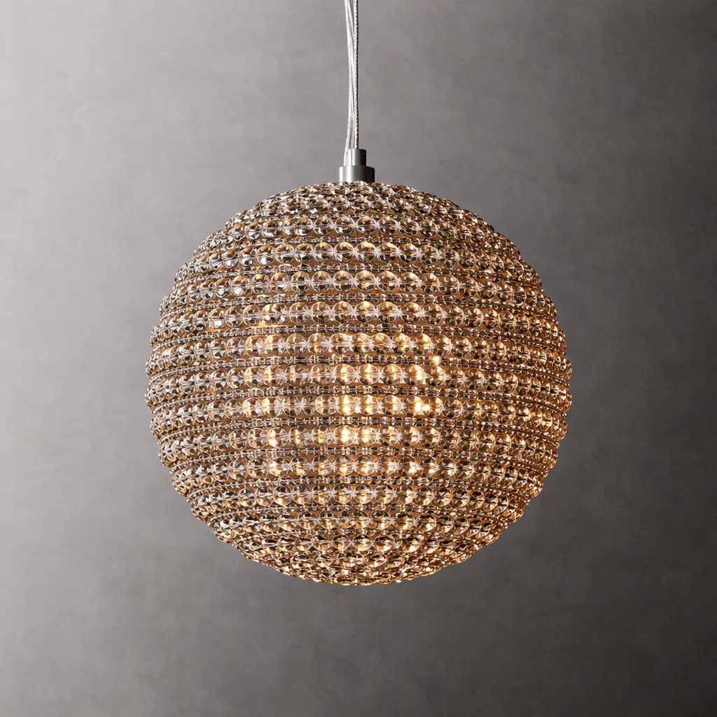 Solid K9 Crystal Globe Pendant Light | Organic Modern Chandelier | 32cm & 64cm Copper Hardware | Casalola Lights
