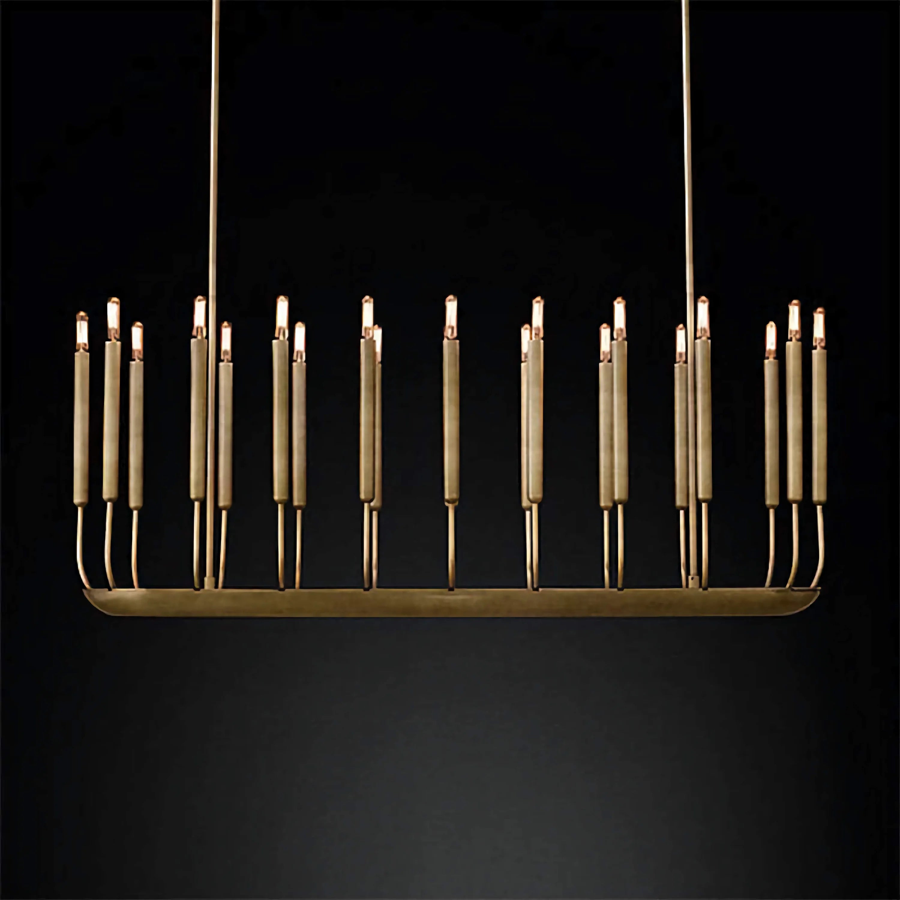 Slim Patinated Copper Candle Chandelier | 20 Light Linear Fixture for Dining & Gallery