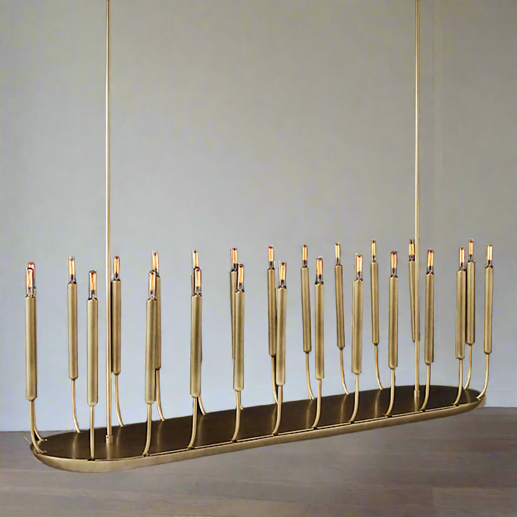 Slim Patinated Copper Candle Chandelier | 20 Light Linear Fixture for Dining & Gallery
