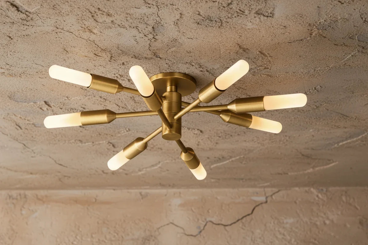 Brass Sputnik Flush Mount Ceiling Light for Dining Room | 10 Arm Solid 24 Inch Low E27 Casalola Lights Luxury Lamps