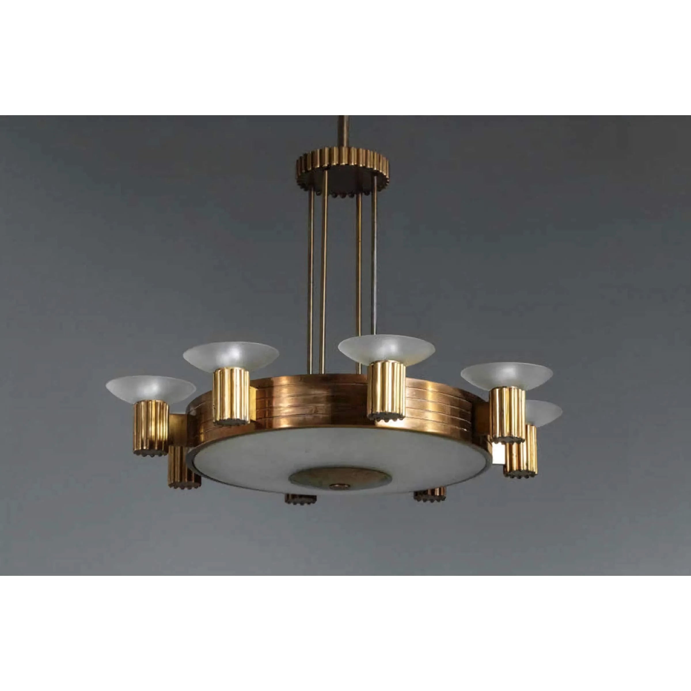 Art Deco Brass Chandelier | Vintage Stepped Frame with Frosted Uplights | Statement Pendant for Dining or Foyer